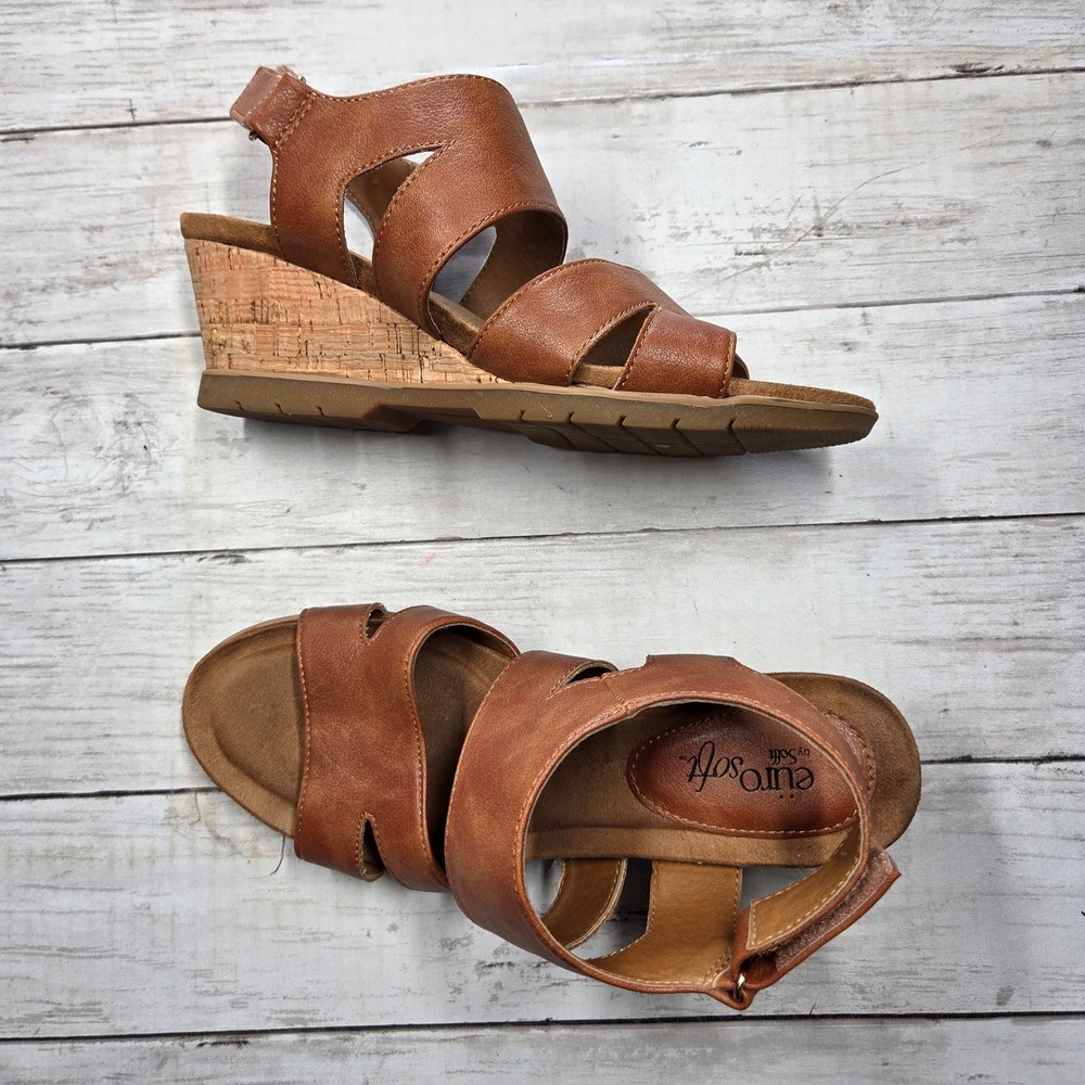 Eurosoft‎ Sadra Wedge Sandals Strappy Cork Heel Womens 8.5M Tan Brown ES0022300